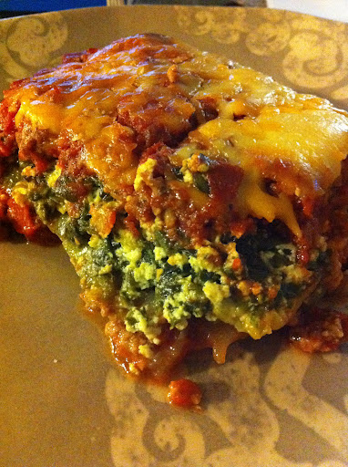 Zucchini and Spinach Lasagna with a Spicy Meat Sauce