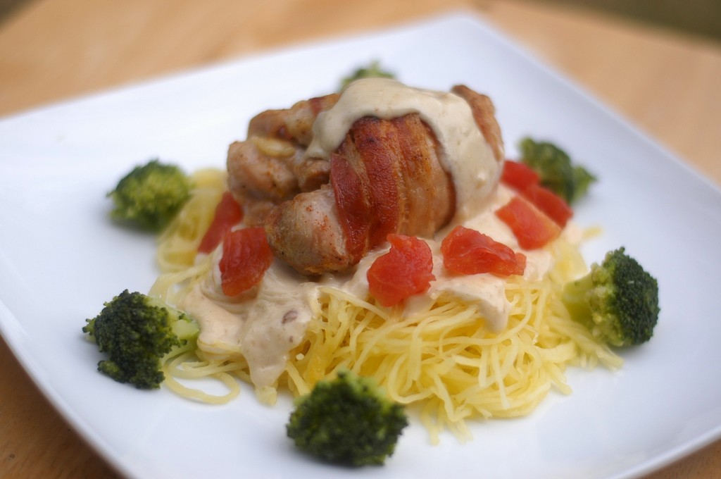 Bacon Wrapped Chicken over Spaghetti with Alfredo Sauce