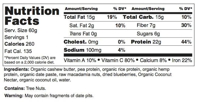 Here is the ingredients in the Blueberry Macadamia Bar. NOTE: Rice protein does not contain the starch and carbohydrates that rice does, only the protein. 