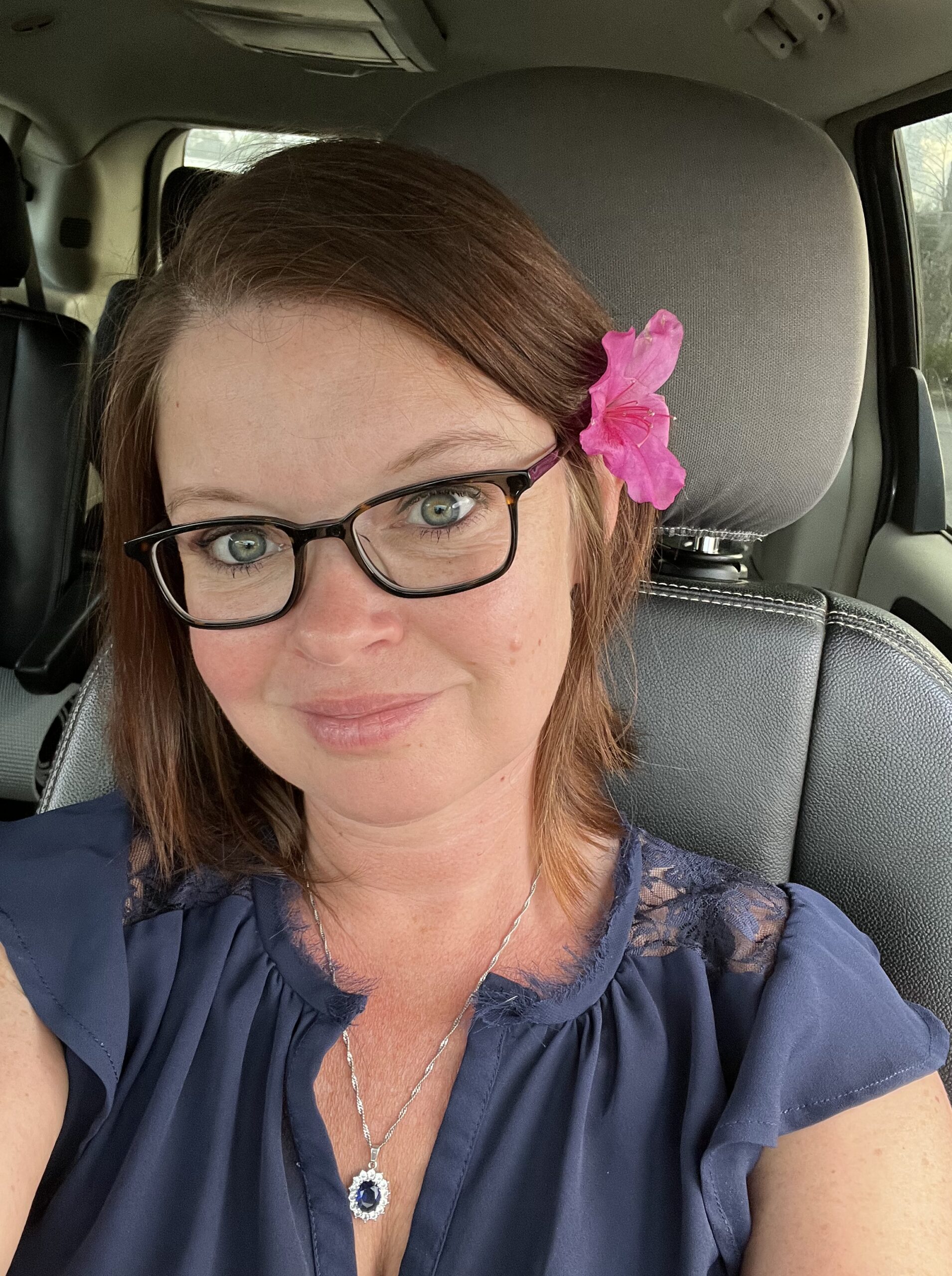 Recent picture with new glasses and beautiful Azalea from my daughter Anna.